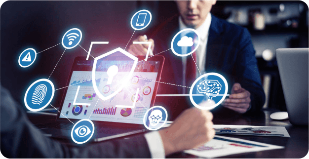 Cybersecurity professional analyzing digital security threats with floating tech icons