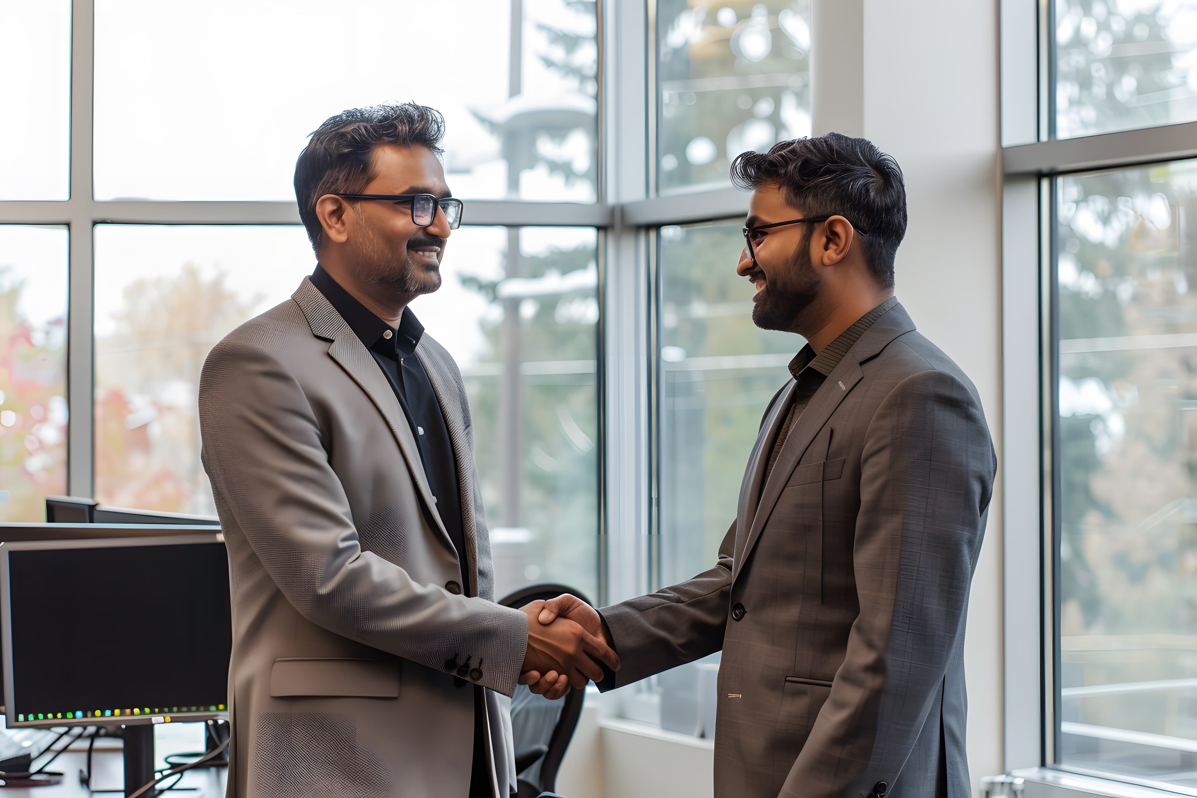 Two professionals shaking hands in a modern office setting